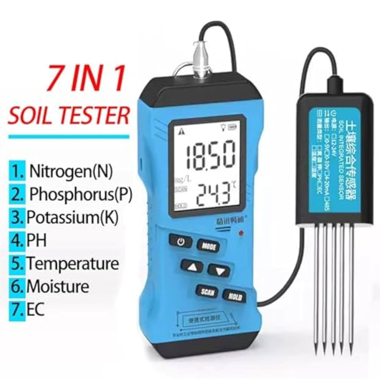 Tester gleby 7 w 1 do PH, wilgoci, składników odżywczych, przewodności, fosforu, potasu NPK, idealny do ogrodu, trawnika, rolnictwa, pielęgnacji roślin zewnętrznych