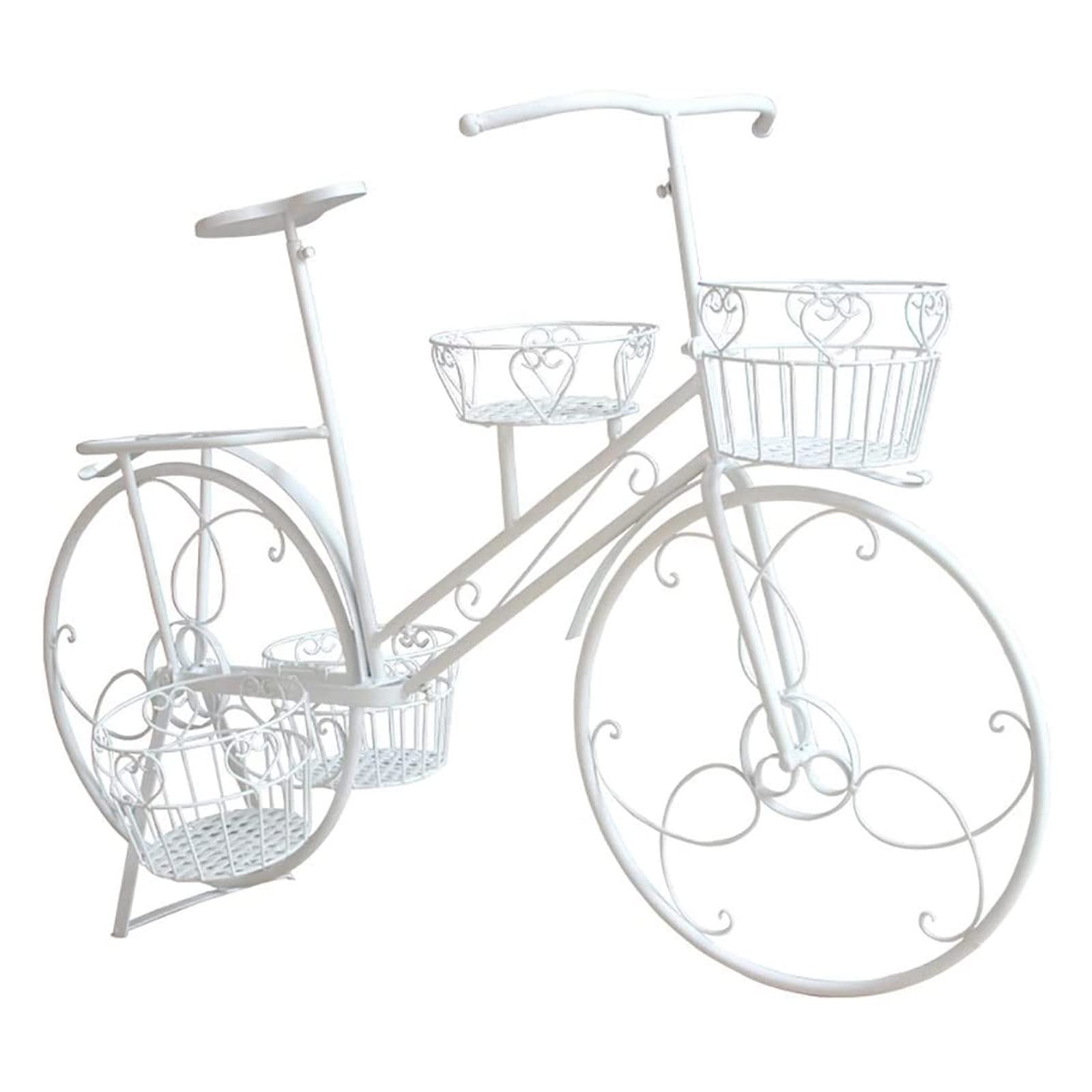 Présentoir pour terrasse vélo en fer forgé blanc à 4 paniers porte-jardin