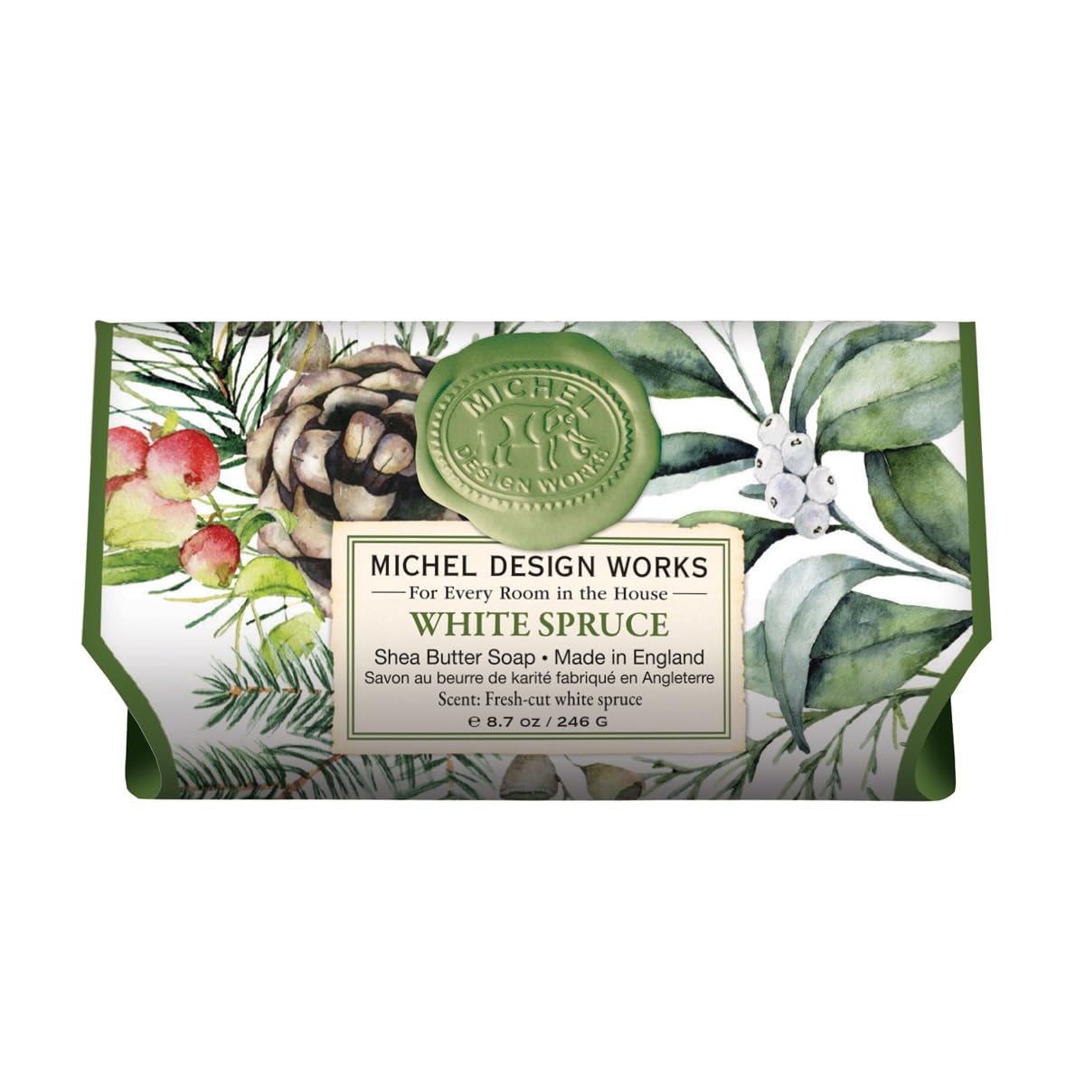 Michel Design Works White Spruce Large Bath Soap Bar - 8.7oz Triple-Milled Luxury Soap with Shea Butter, Handmade in England