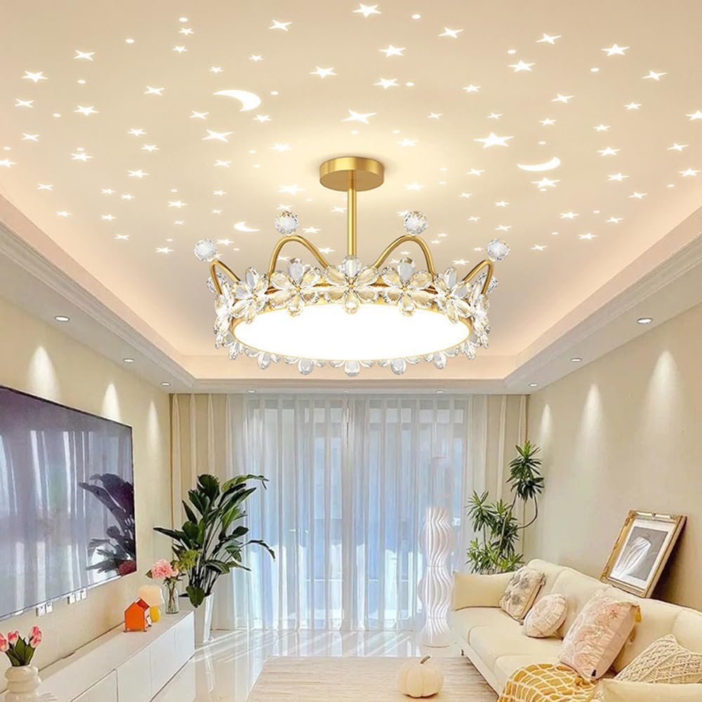 LYMSXAZOU Gold Crown Chandelier Girl Princess Round Dimmable LED Crystal Pendant Light with Projection Stars Starry Ceiling Flush Mount Chandelier,Indoor Lighting