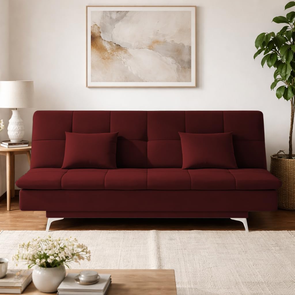 Adorn India Premium New Aspen 3 Seater Sofa Cum Bed 4X6 Velvet Suede with 2 Cushions (Color Maroon) and Suitable for All Indoor, with 3 Years Warranty