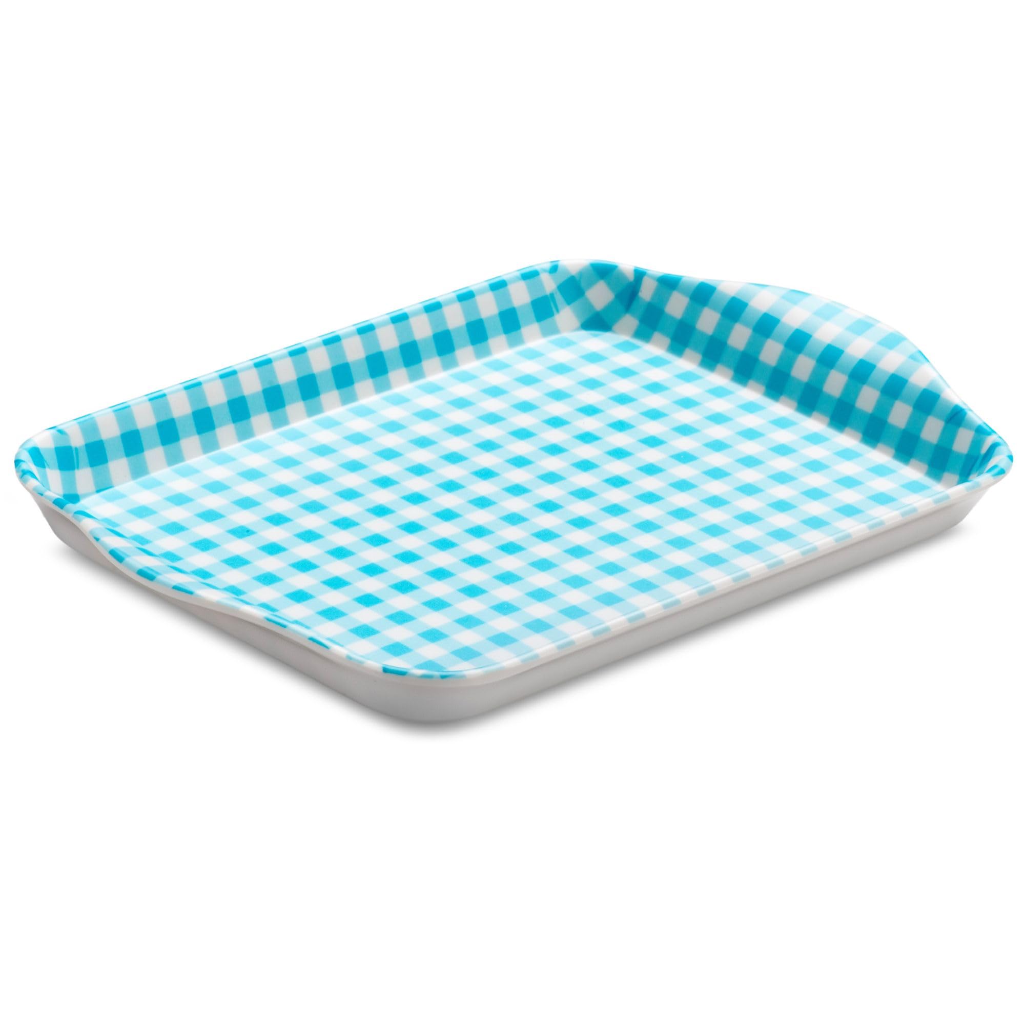 Zeal Mini Serving Tray, Small Melamine Tea & Coffee Tray, Gingham Pattern Snack & Drinks Tray with Raised Handles, BPA Free, 18 x 14cm (Aqua)