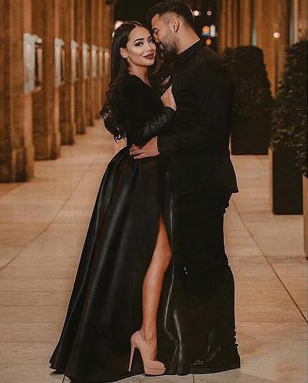 Women's Long Sleeve Sequin Satin V Neck Prom Dresses Formal Wedding Guest Evening Party Gown