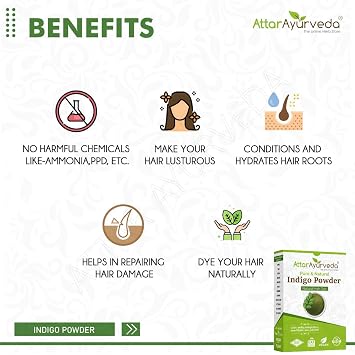 Attar Ayurveda Natural Indigo Powder 7OZ, 100% Pure Hair Dye, Chemical-Free Herbal Colour for Black & Dark Brown Hair, Ammonia-Free, PPD-Free, Vegan Organic Hair Colouring Powder