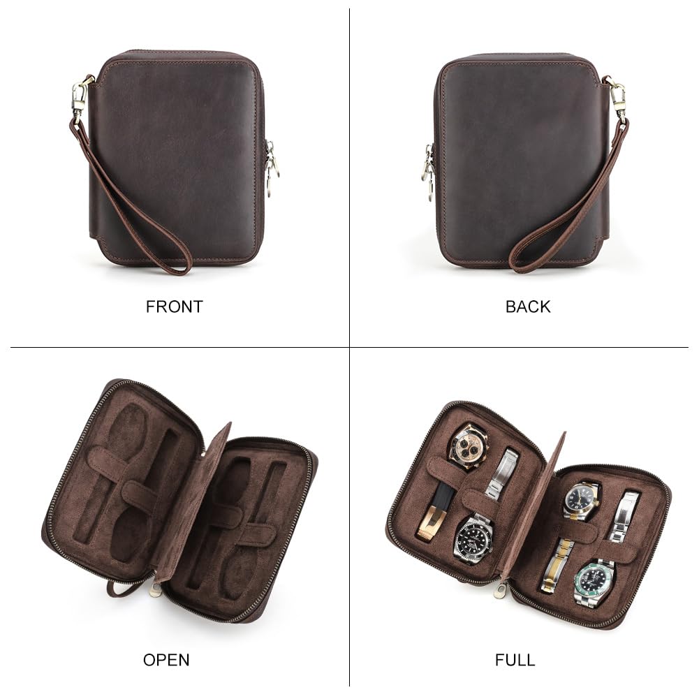 CONTACTS Étui de rangement fin en cuir véritable avec fermeture éclair et sangles de fixation pour montres - Café - 4 emplacements