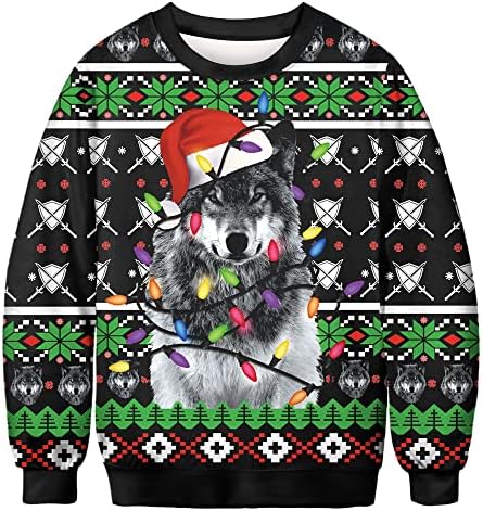 Roevite Loose Christmas Sweatshirt for Womens Mens Dog with Chrismtas Hat Pattern Funny Xmas Top Crew Neck Pullover Shirts(T187,SM)