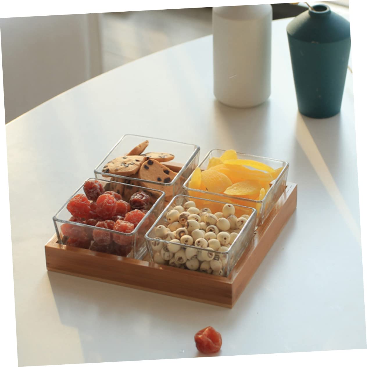 Plateau à Fruits Compartimenté En Verre Transparent 4 Sections Support En Bois Multifonction Pour Fruits Secs Noix Collations Maison Restaurant Fête