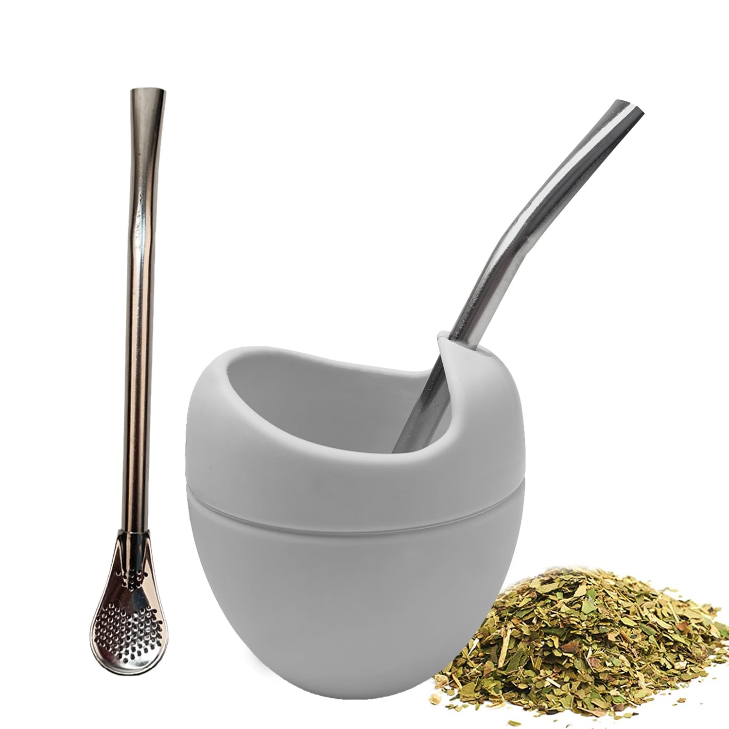 Yerba Mate Cup Set,6 OZ Tea Cup Set Includes Bombilla Stainless Steel Filter Straw BPA Free,Travel and Beach Essentials,Easy to Clean(Gray)