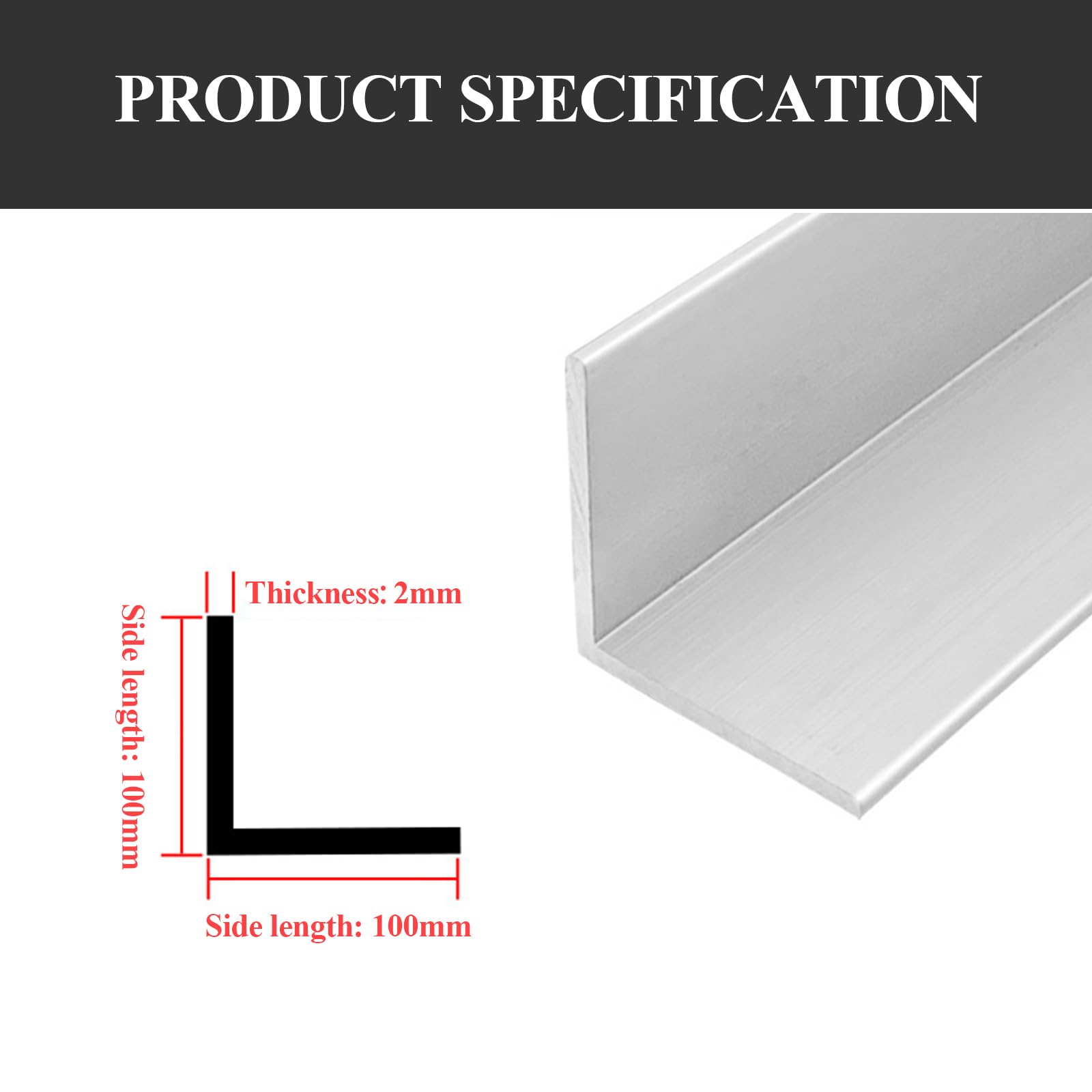 2 tiras angulares en forma de L de aluminio 6063, perfil triangular con borde de aluminio de 500 mm de longitud, aptas for construcción y maquinaria.(100x100x2x500mm)