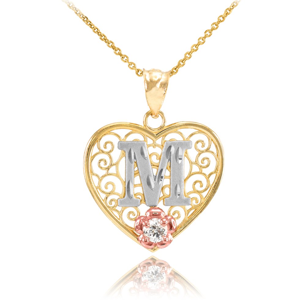 14k Tri-Tone Gold Filigree Heart with CZ Flower Initial Letter Pendant Necklace, 18"