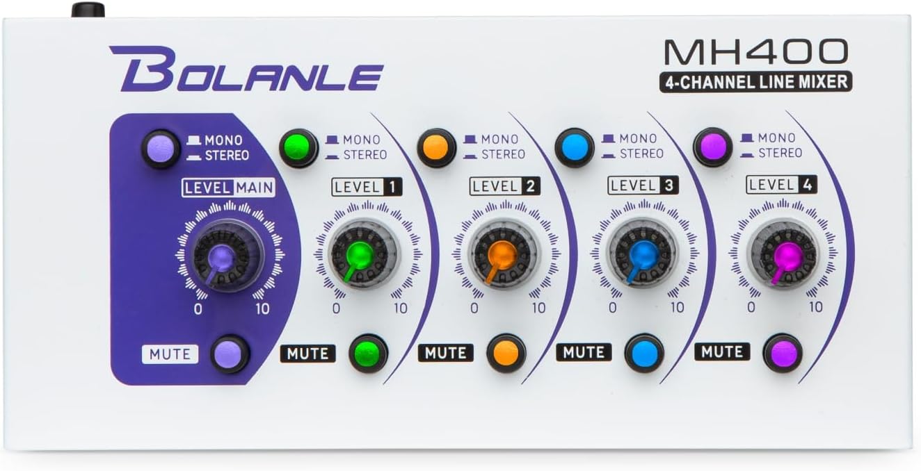 Bolanle MH400 4-Channel Stereo Line Mixer - Mini Mixer with Mono/Stereo Switch Mute Function 6.35 mm/3.5 mm for Guitar Bass Keyboard