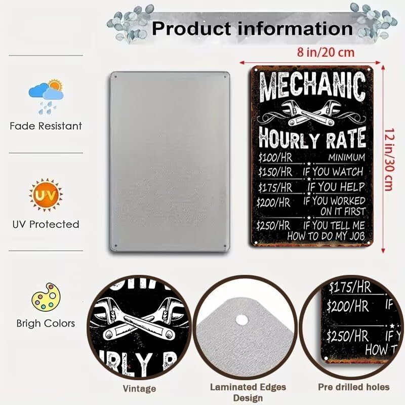 Miniatura 2 de Bestylez Regalos de mecánico para hombres, papá y esposo, divertido letrero mecánico mecánico, reproducción por hora, letrero de metal vintage para