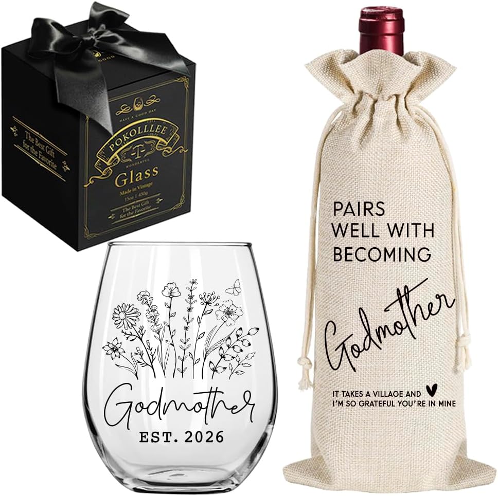 EST 2026 New Godmother Wine Glass Gifts for Women, First Time Godmother Gift, Godmom Proposal Pregnancy Announcement Gift, 2026 Baptism Gifts for Godmom
