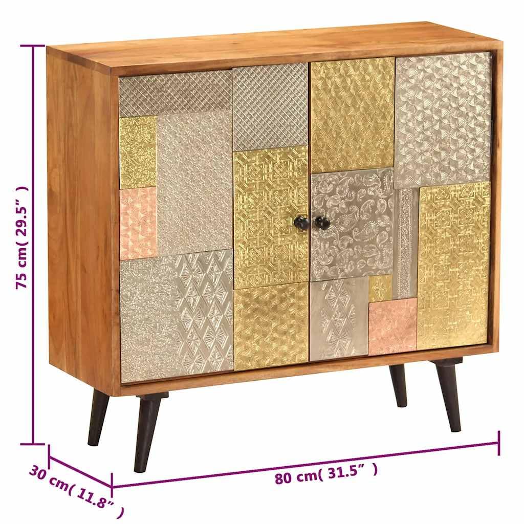 Buffet 80 x 30 x 75 cm en bois d'acacia massif avec 2 portes