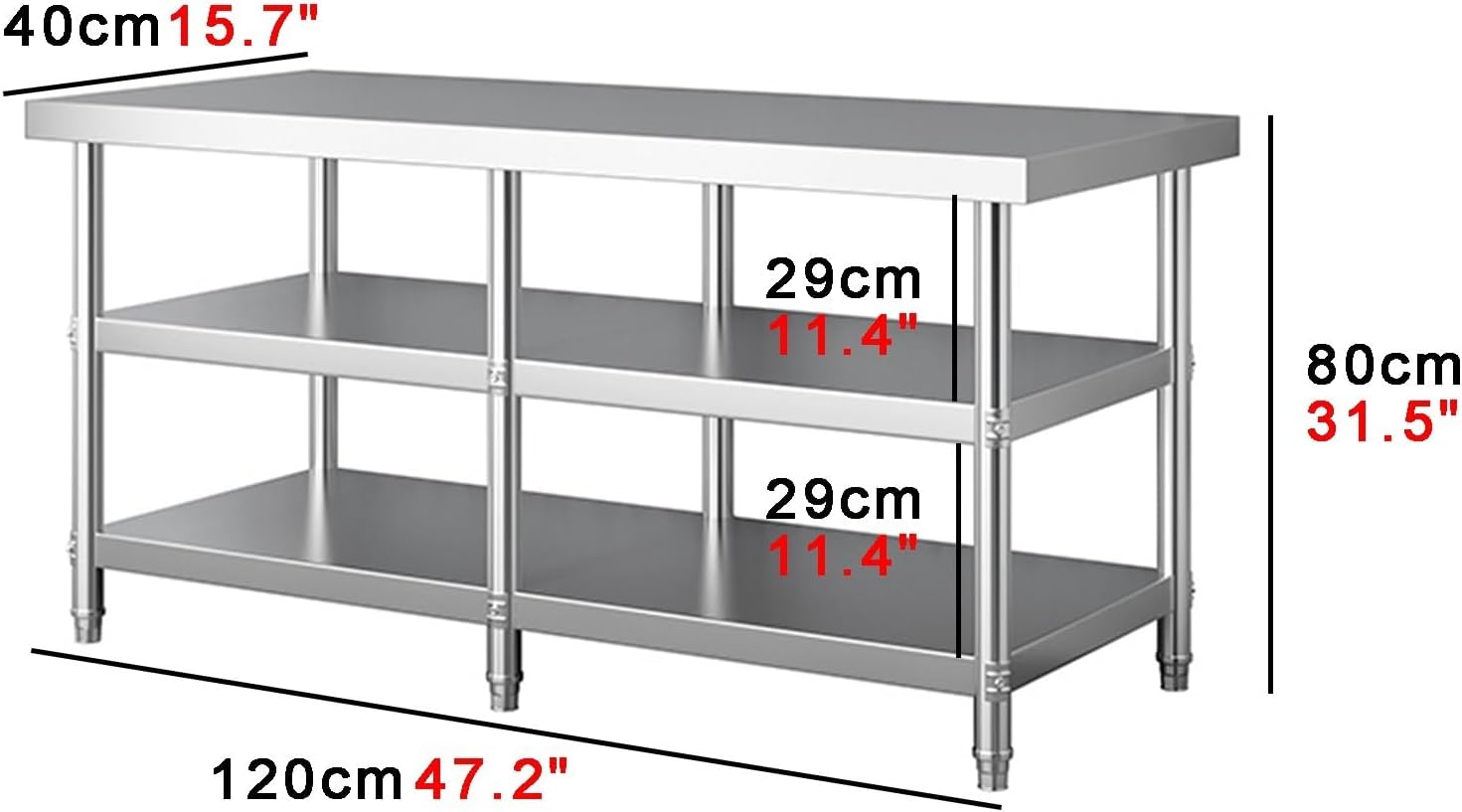 3-Tier 6-Post Stainless Steel Table Kitchen Workbench - Warehouse Packing Tables Thicker and Thickened Material Bottom Beam Reinforced Load 600 Kg