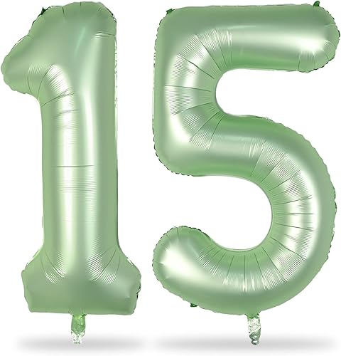 Globos de cumpleaños de 15 años para niñas, globos gigantes de papel de aluminio verde salvia de 40 pulgadas, globos de helio de 1 y 5 dígitos verde