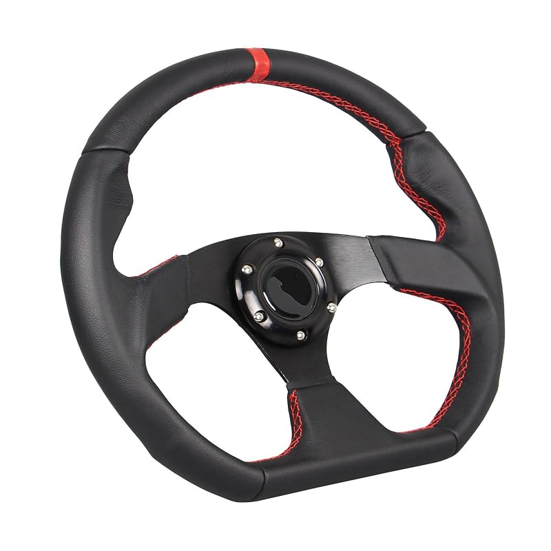 Volante Esportivo D-Shape 350 mm em Couro com Costura Vermelha GONMOT e Botão de Buzina