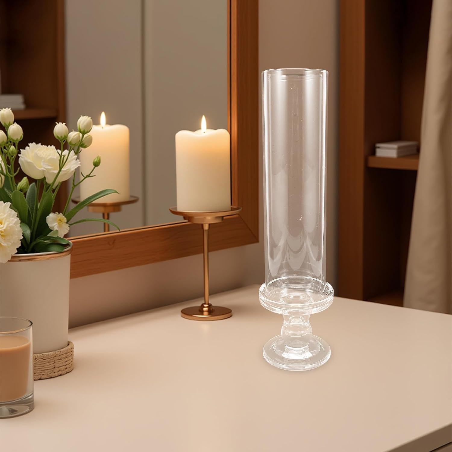 Gadpiparty Elegant Roman Column Design Stemmed Hurricane Candle Holder with Glass Cylinder Elevated Stand for Taper and Pillar Candles and Easy Maintenance