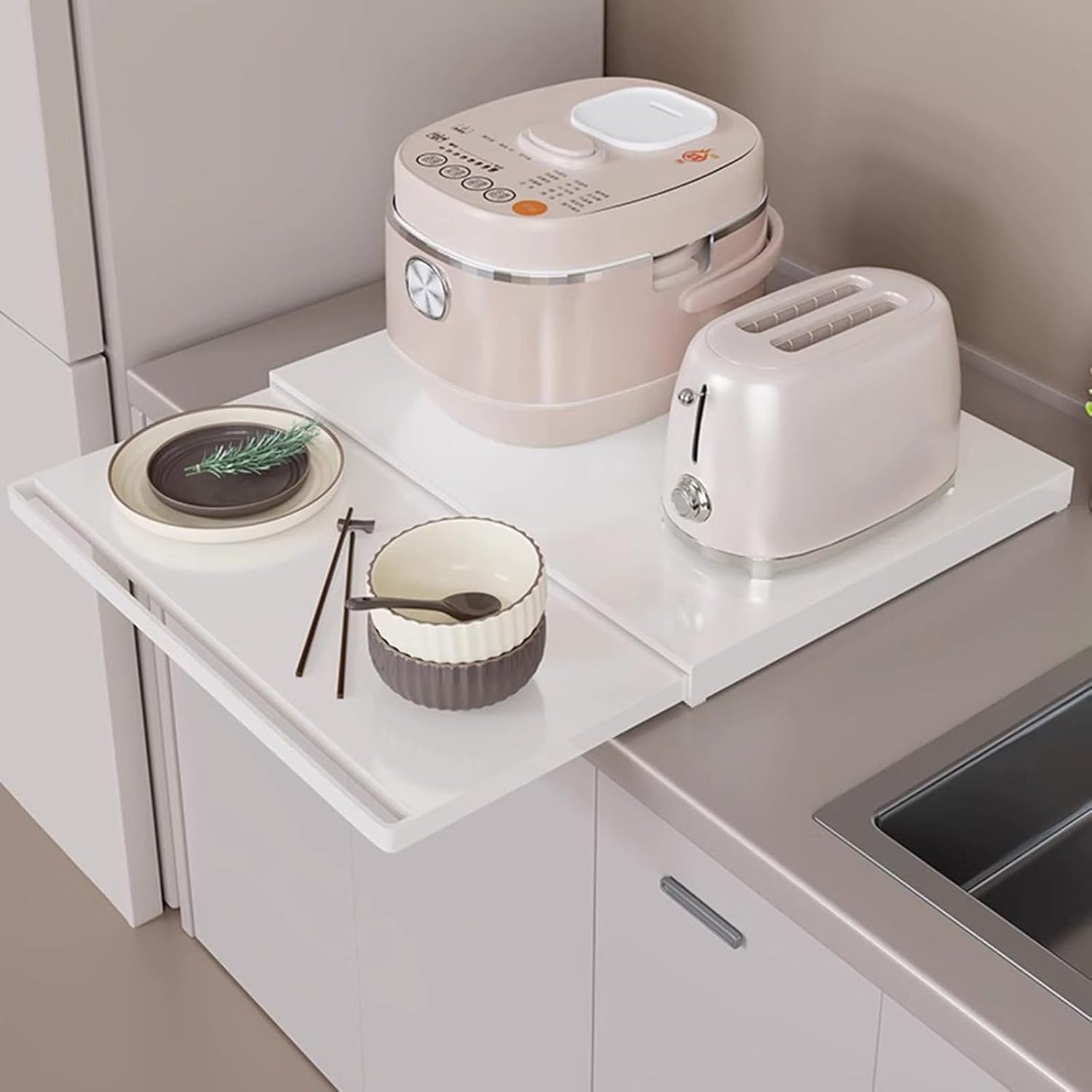 Microwave Pull-Out Cabinet Organizer Shelf, Kitchen Carbon Steel Microwave Oven Rack with Pull-Out Tray for Various Kitchen Appliances Storage, 18.3" x 14.2" x 1.6" (White)