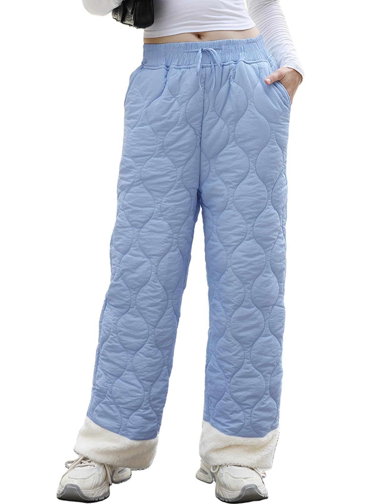 Gihuo Womens Sherpa Fleece Lined Pants Quilted Wide Leg Pants Winter Warm Long Pants with Pockets