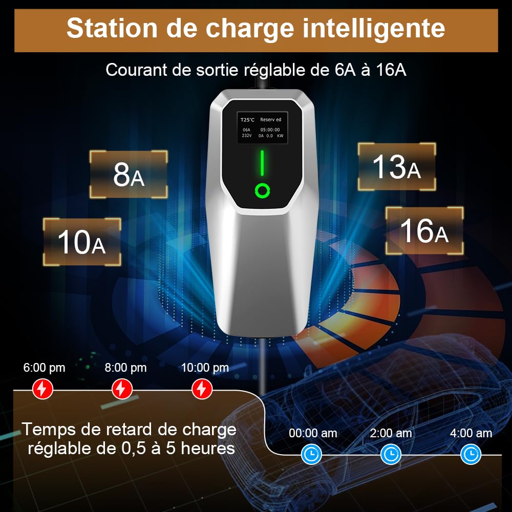 AWESAFE Chargeur Voiture Electrique, Type 2, Mono-phasé 16A, (3.68kW, 5m) Réglable à 6A/8A/10A/13A/16A,Courant Commutable, Boîtier de contrôle argenté, avec Prise Schuko pour Usage Domestique,