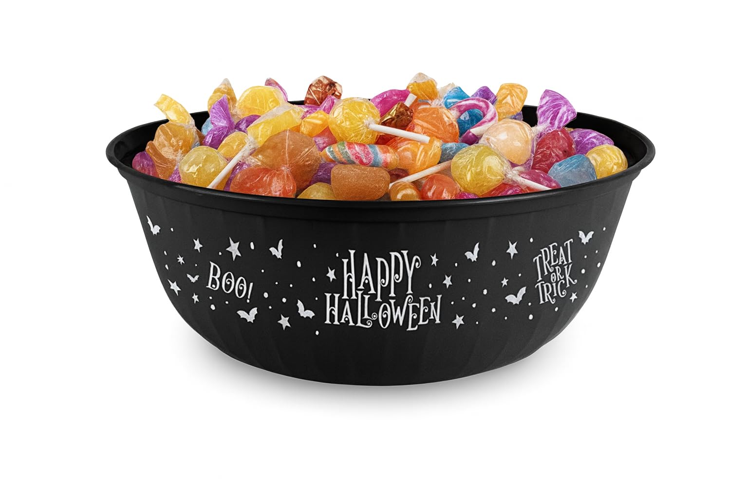 Gem Imports Black Happy Halloween Round Reusable Plastic Treat Bowl 30cm – Candy & Snack Serving Bowl for Trick or Treaters