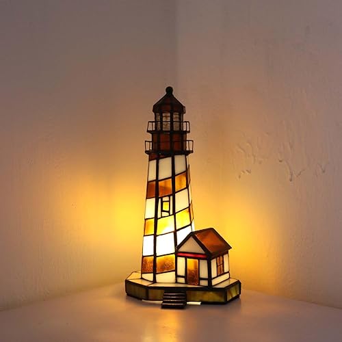 Miniatura 2 de Bieye L10616 Lighthouse Tiffany Style Lámpara de mesa con acento de vidrieras de luz nocturna para decoración del hogar (6x6x11, rojo)
