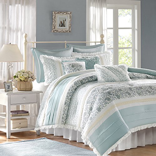 Madison Park Dawn 100% Cotton Shabby Chic Comforter Set-Modern Cottage Design All Season Down Alternative Bedding, Matching Shams, Bedskirt, Decorative Pillows, Queen(90"x90"), Aqua 9 Piece , - Image 11