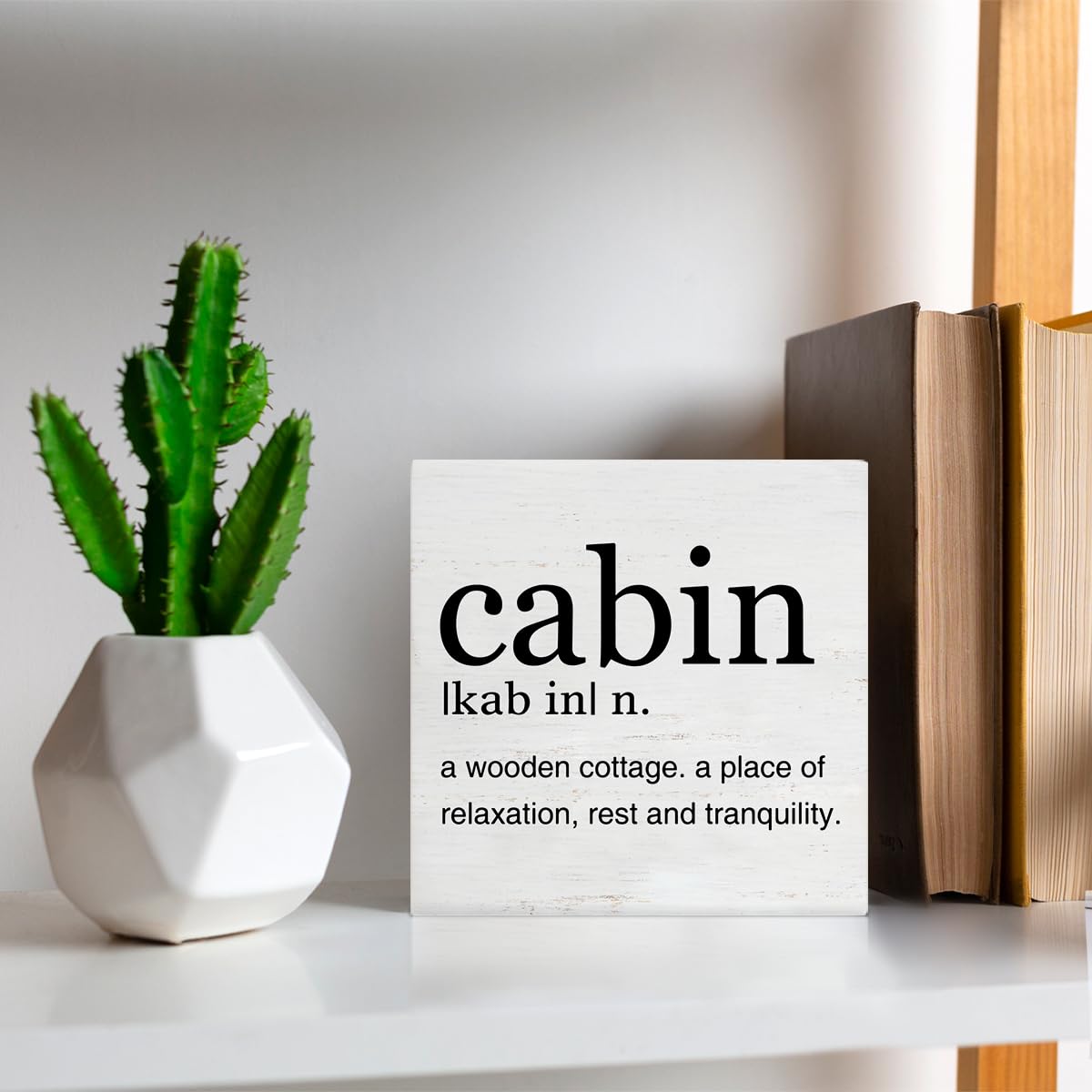 Cabin Definition Art Wooden Box Sign Rustic Farmhouse Cabin Desk Decorative Wooden Sign Home Decor for Table Shelf 5 x 5 Inches