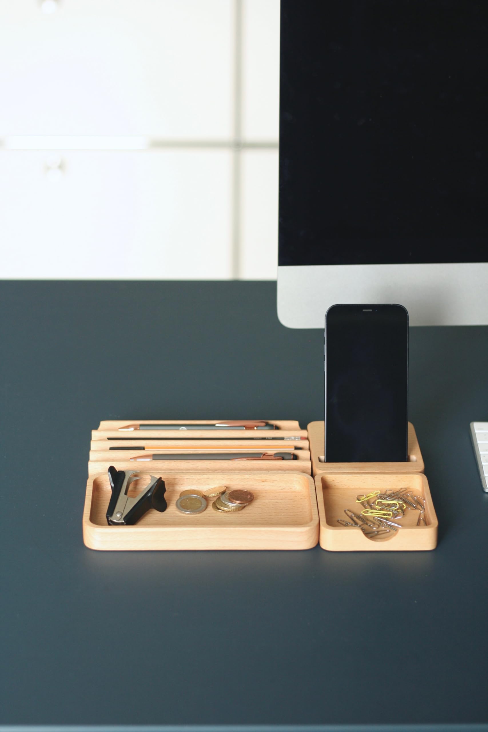anaan Puzzle Desk Organiser wooden Pen Holder Office Supplies Stationary tray storage for pencil sticky paper clips home office Design Set of 4 - Image 3