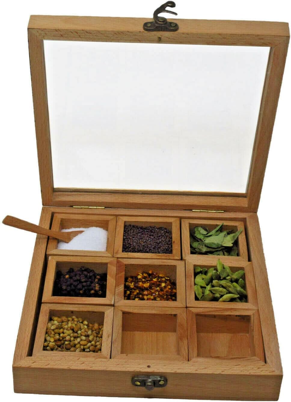 VG® Premium Acacia Wooden Square 20cm Multipurpose Utility Table TopSpice Masala Dabba Box, Glass Lid & Spoon Kitchen & Dry Fruit Box I Jewellery I Handcrafted contains 9 removable compartments