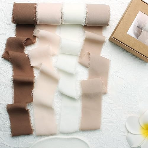WANLIAN 4 rollos de cinta de gasa con flecos de 1.5 pulgadas x 5 yardas de cinta de seda de gasa para envolver regalos, invitaciones de boda