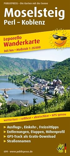 Moselsteig, Perl - Koblenz: Leporello Wanderkarte mit Ausflugszielen, Einkehr- &amp; Freizeittipps, Entfernungen, Etappen, Höhenprofil, wetterfest, ... 1:35000 (Leporello Wanderkarte: LEP-WK)