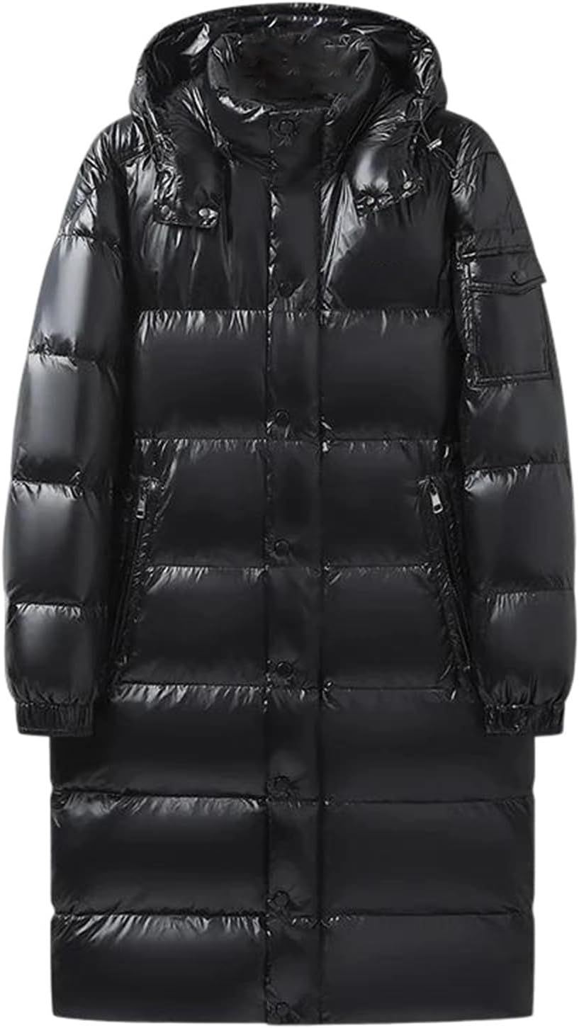 Mnjyihy Men's Long Puffer Jacket Winter Coats Casual Zip Up Quilted Hooded Warm Down Coats Outdoor Camping Outerwear