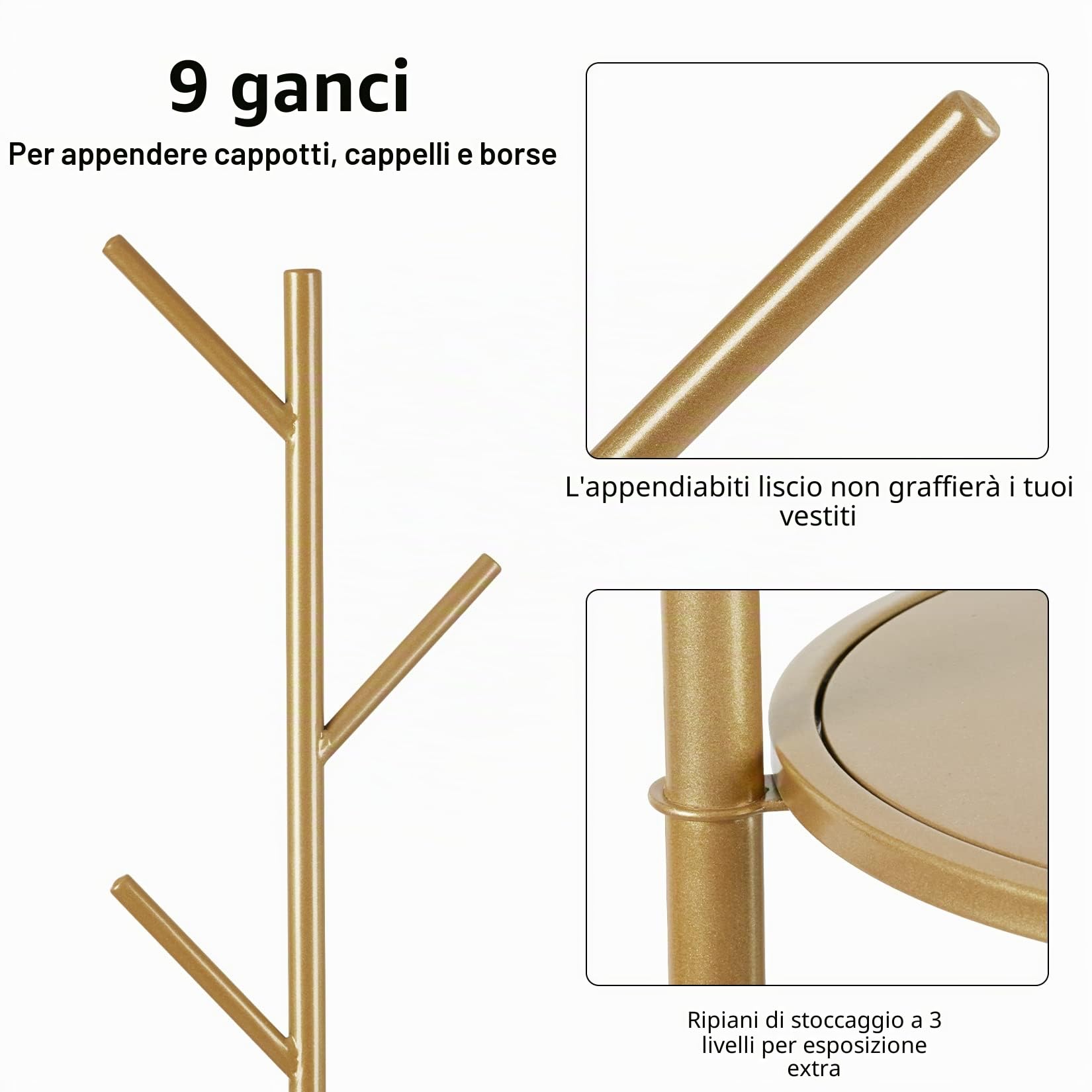 unho Stand Appendiabiti Attaccapanni da Terra: Oro Appendiabiti da ingresso con 3 Ripiani Moderno Appendi abiti Elegante in Metallo e Marmo Base 172,5x32cm