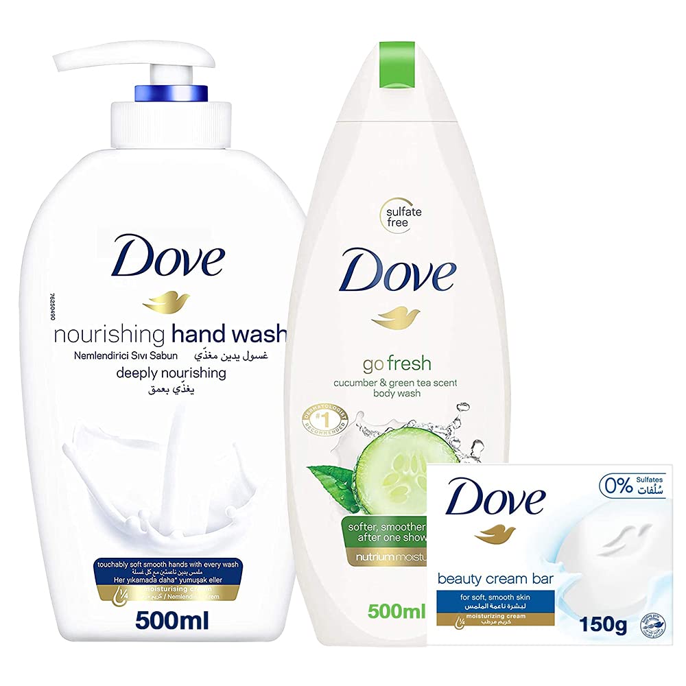 Dovehandwash deeply nourishing 500ml + dove bars original 150g + dove go fresh body wash cucumber, 500ml