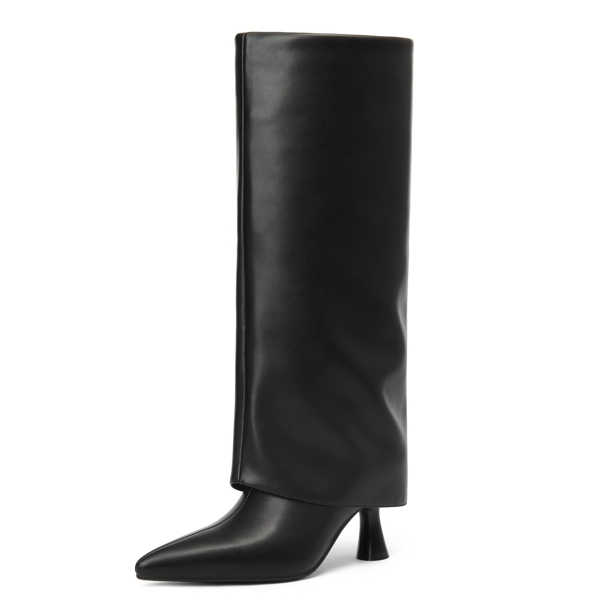 aiuniind Womens Knee High Boots Fold over Shark Boots Slouchy Pointed Toe, Tall Boots Faux Leather Dress Boots-picture-32