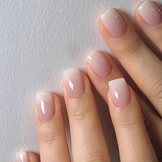 KQueenest Press on Nails Kurz – Ombré Rosa French Nägel zum Aufkleben Kurz Eckig, Gradient Rosa Weiß Fake Nails Short, Quadratische Künstliche Nägel Set für Frauen, 24 Stück