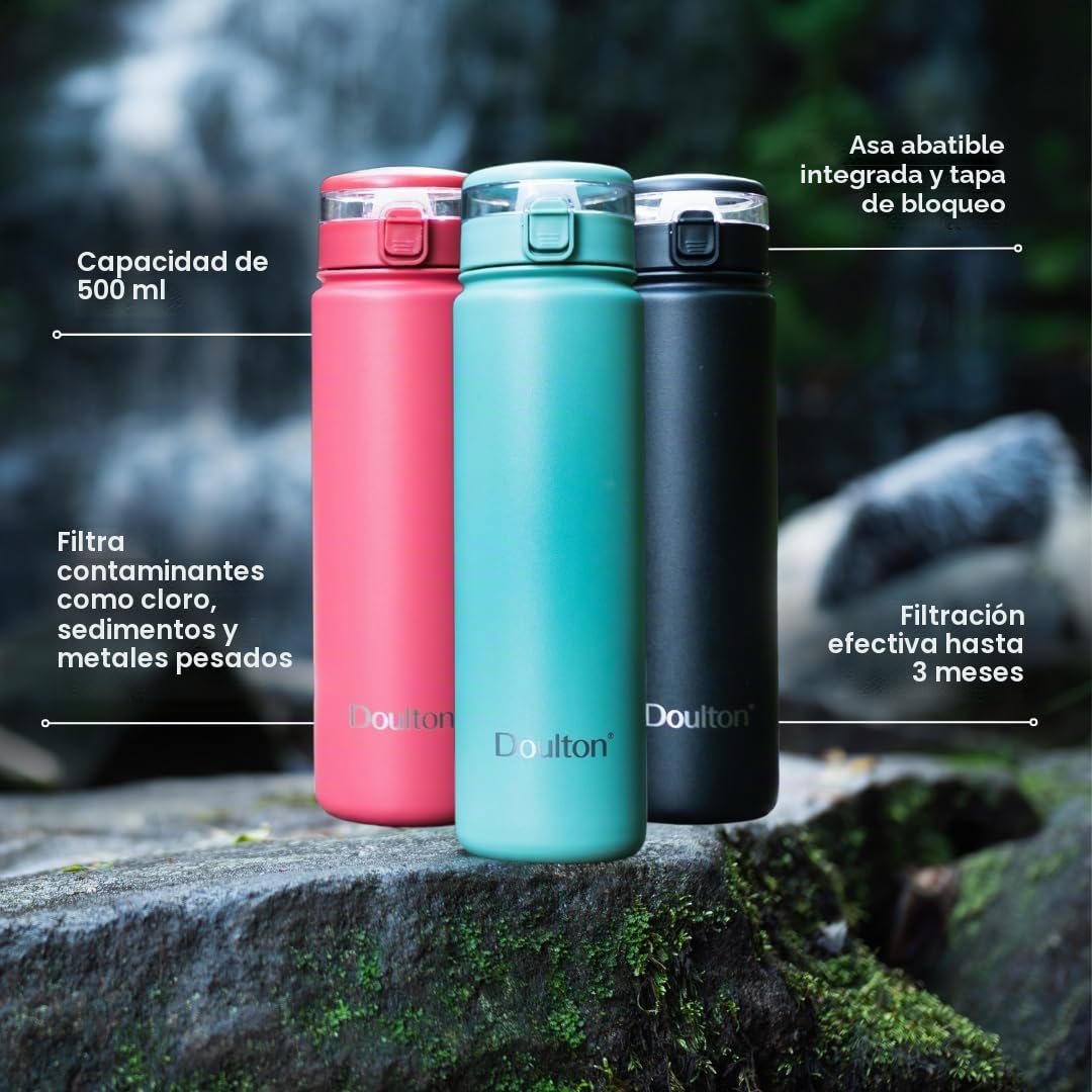 Doulton Botella De Agua Taste 2 Con Cartucho De Reducción De Filtro | Verde | Acero inoxidable aislado | 500 ml de capacidad | Reduce los contaminantes | Mejora el sabor| Botella de agua filtrada