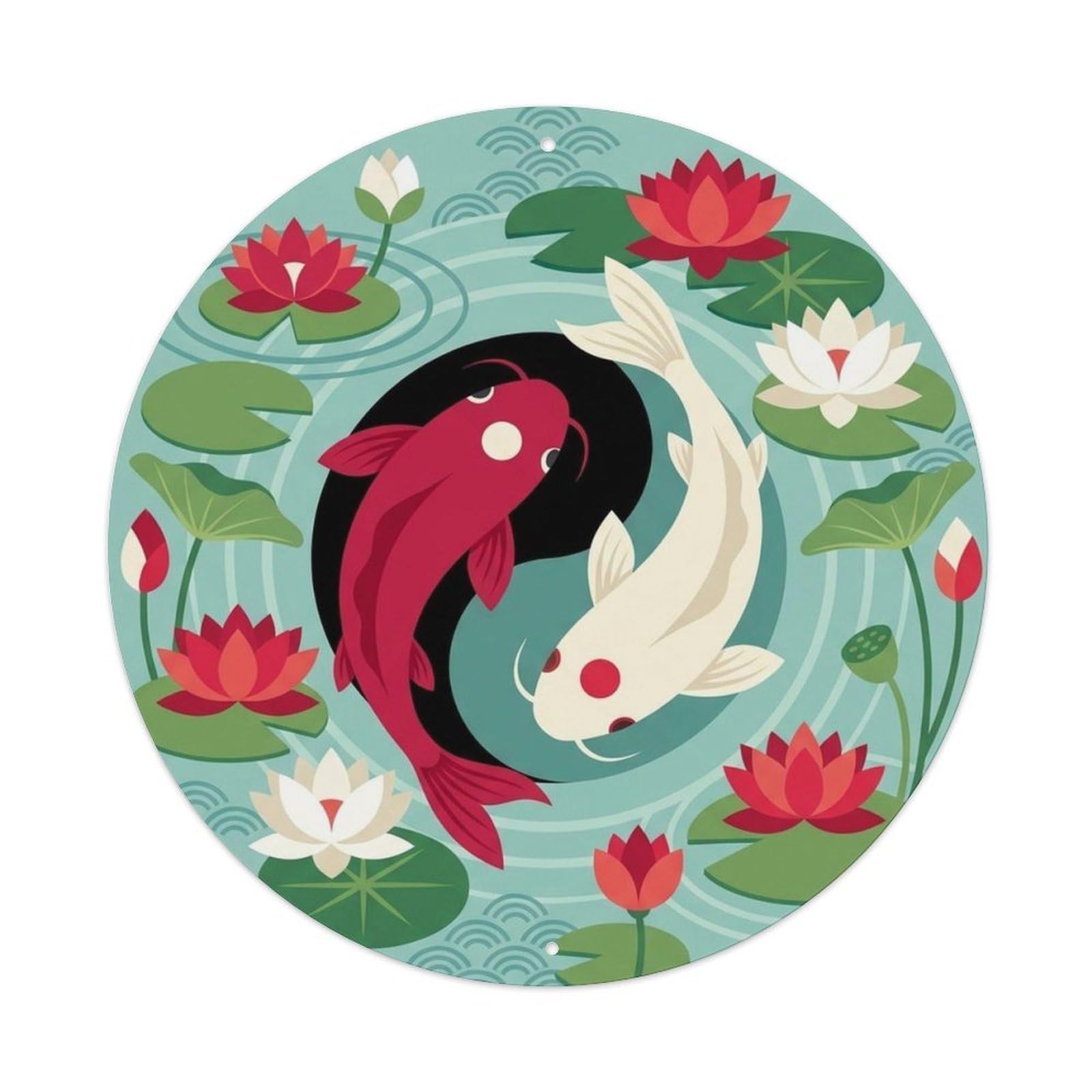 Japanese Koi Symbol Water Lily Zen Nature Metal Tin Sign Plaque Wall Decor for Cafe, Man Cave, Club Bar, Office, Home Garden Round Metal Poster 8x8Inch