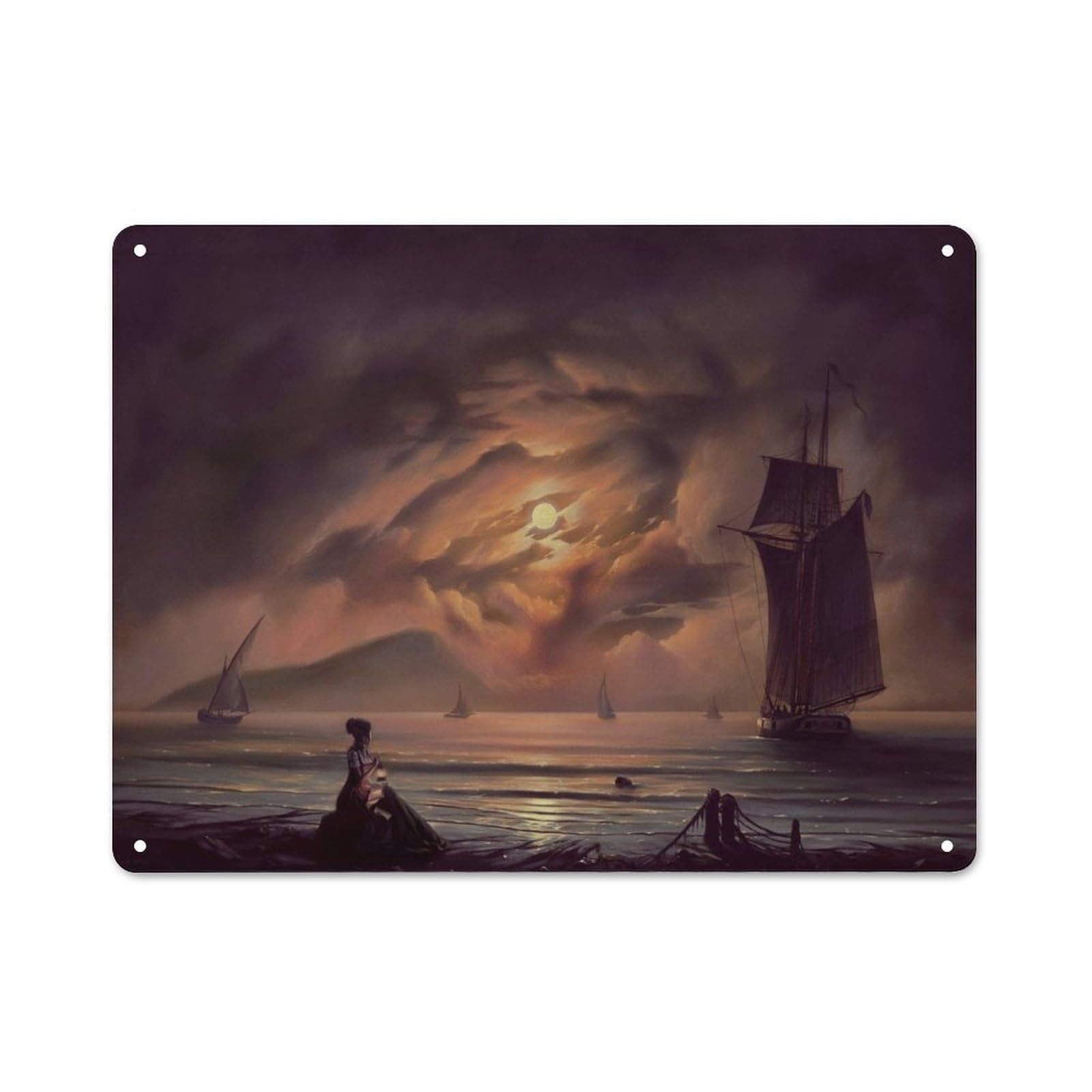Junmoney Style-7 Moon Night At Sea Decorative Metal Plaque 30X40cm, Loft Style Urban Room Decor For Flat, Bar, Studio Or Gallery Wall