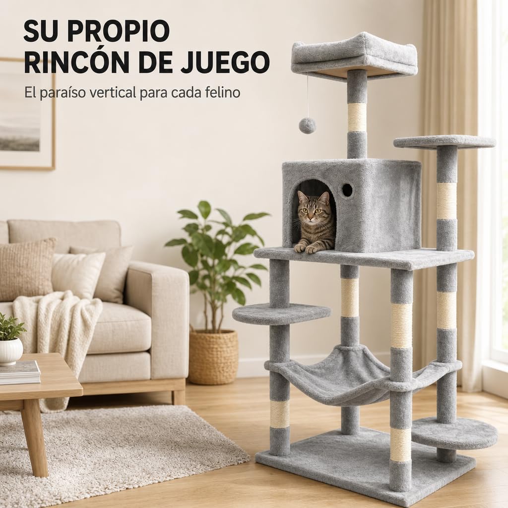 Árbol Rascador Gatos – Torre 4 Niveles con Caseta, Hamaca Cuna, Escalera, Postes Sisal, Juguetes Colgantes, Base 50×35cm, para Gatos Adultos (Gris, 140 cm)