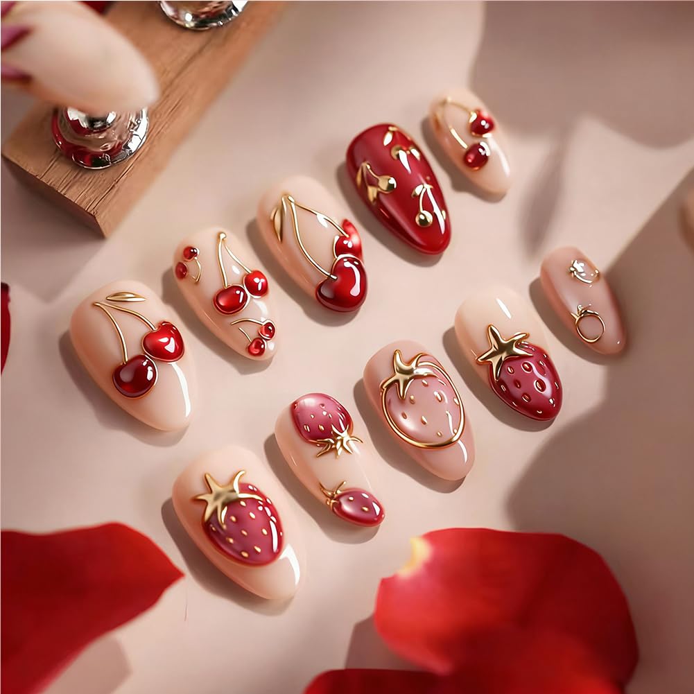 Medium Press On Nails 3D Cherry Design - Glossy Reusable