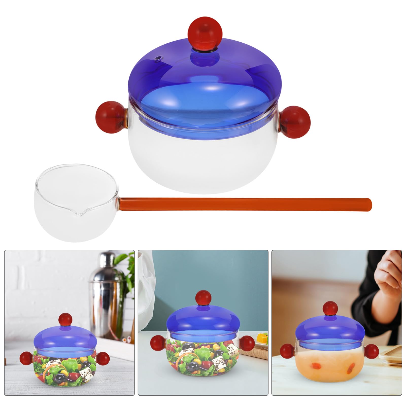 Handgefertigte mit Deckel und Löffel 250ml Borosilikatglas Transparenter Küchenkochtopf Glasschüssel Stabiles Design Mikrowellengeeignet für Salat und Suppe
