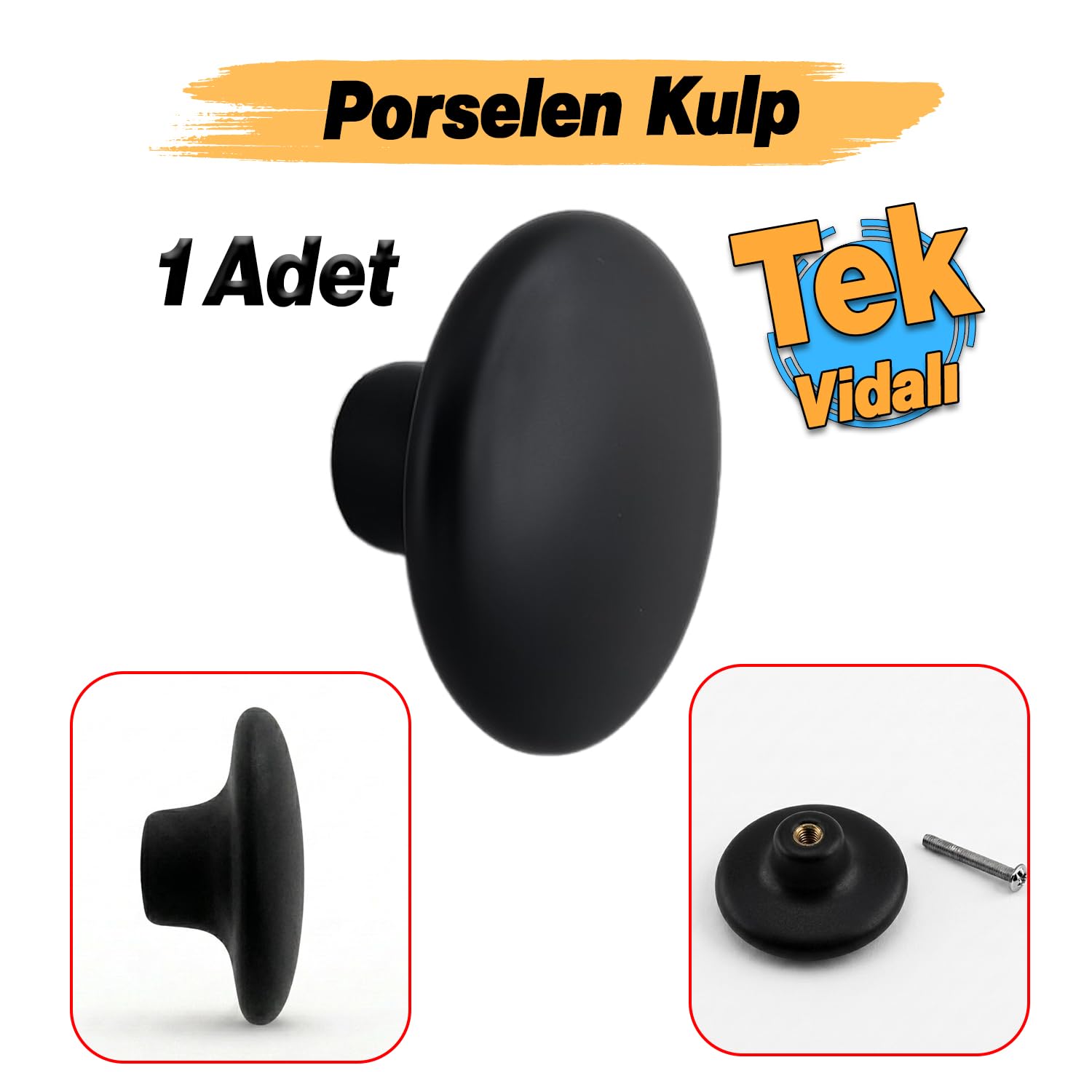 (1 Adet) Porselen Yuvarlak Düz Siyah Renk Mobilya Mutfak Gardrop Dolabı Kapak Kulpu Çekmece Kulbu