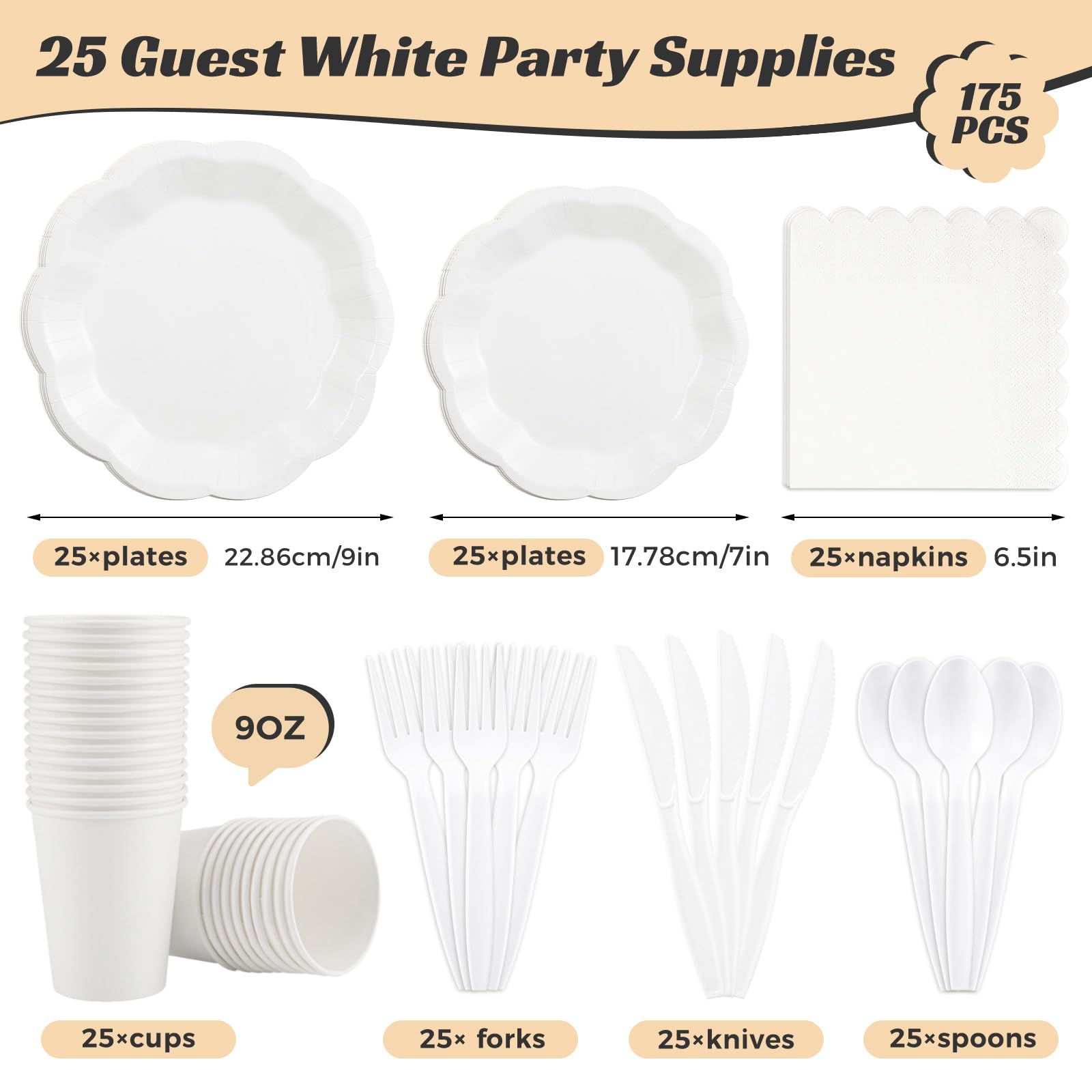 White Party Plates & Napkins - Serves 25 Guests -2