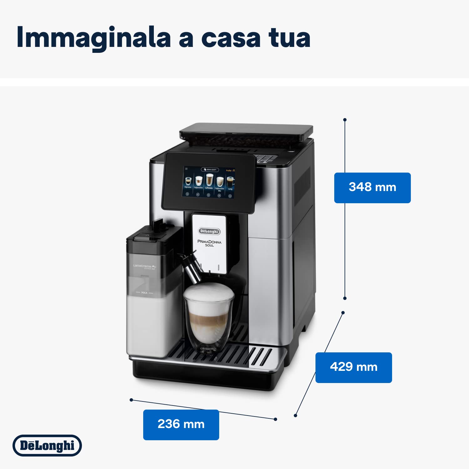 De’Longhi PrimaDonna Soul – Perfetto Macchina da Caffè Automatica, LatteCrema Montalatte Automatico, 18 Bevande in un Solo Tocco, Display Full-Touch, Argento e Nero (ECAM612.55.SB)