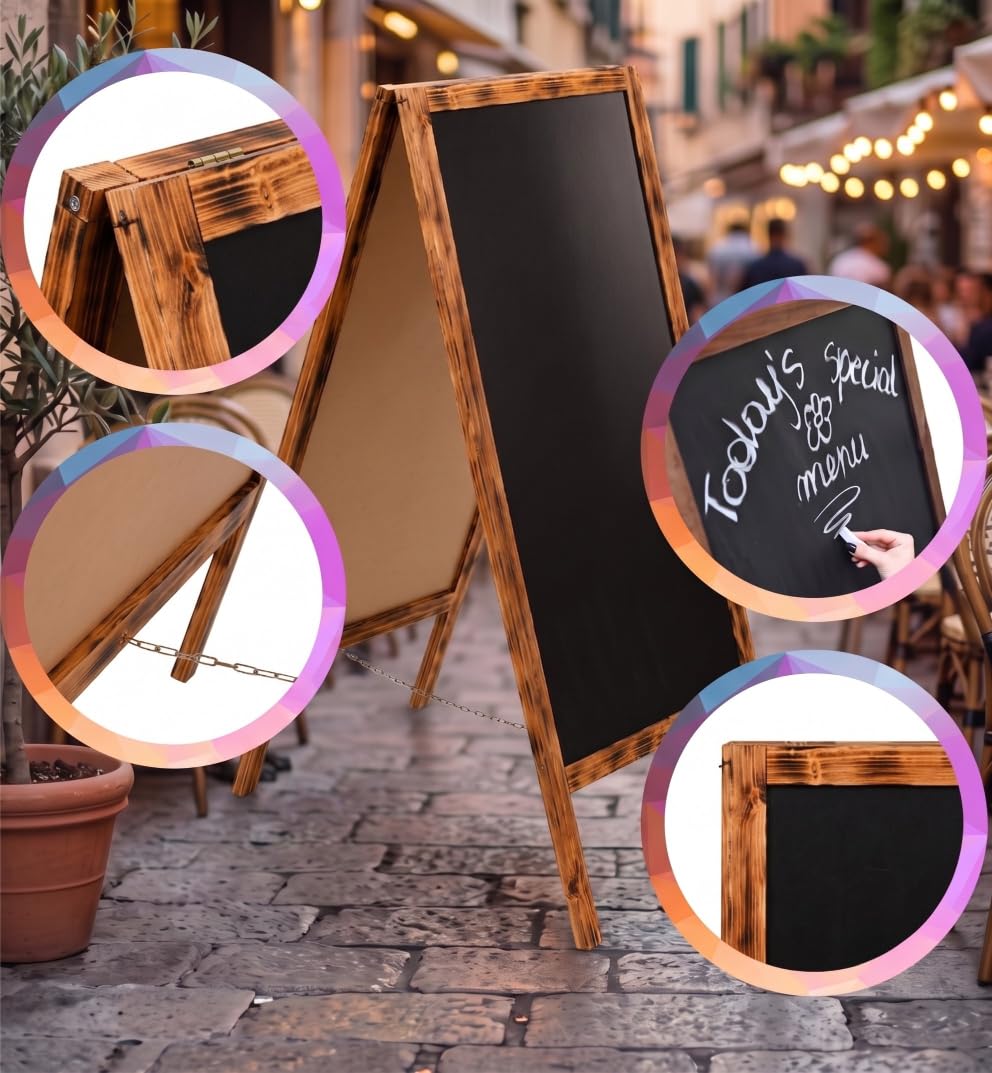VELORA H&L Pizarra Caballete 70 x 160 cm Madera Quemada – Pizarra Doble Cara de Madera para Bar Restaurante Cafetería y Comercio, Caballete Publicitario Plegable para Exterior, Pizarra de Menú
