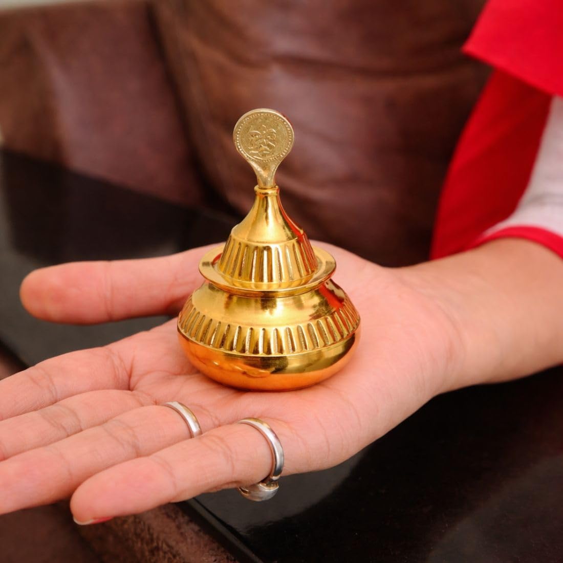 Handmade Brass Sindoor Dibbi with Stick | Golden Pital Kumkum Box for Daily Pooja & Married Women | Traditional Sindur Container (6 cm)-image-47