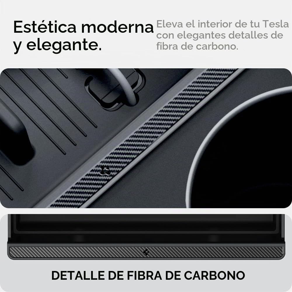 Spigen Tesla Model Y 2026 Juniper (Solo Premium & Performance 2025 2026) y Model 3 Highland (Standard, Premium & Performance 2024/25/26) Non-Slide Center Console Bandeja Organizadora Accesorios